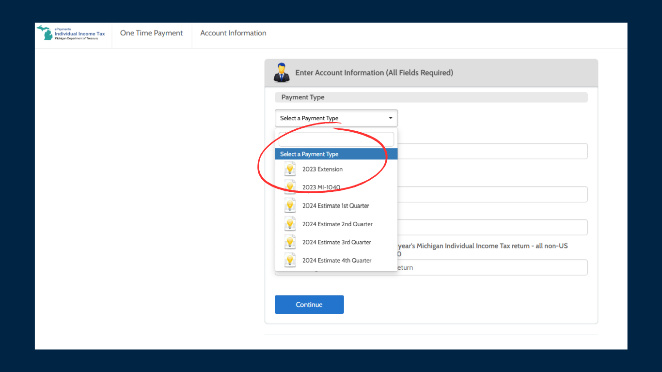 Screenshot of the Michigan eServices Payment site to show the button to click to file a tax extension