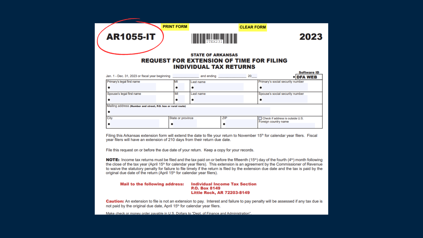 Arkansas Tax Extension Form AR1055-IT screenshot