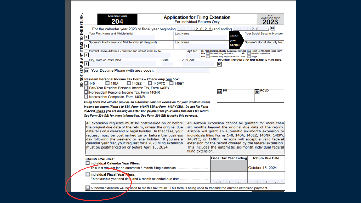Image of Arizona Tax Form 204 for Tax Extension
