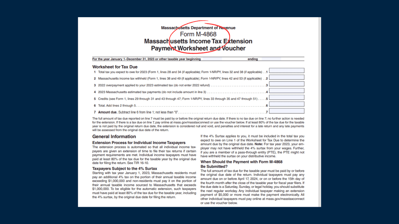 Massachusetts Tax Extension Form M-4868 Screenshot