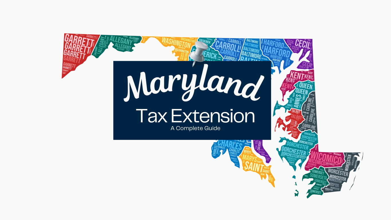 Word Art for the state of Maryland and a post it that states Tax Extension